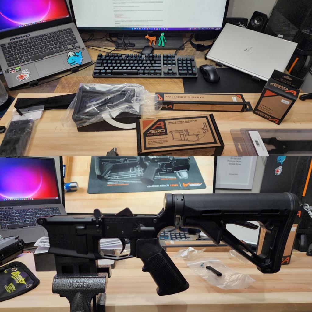 Aero Precision M4e1 Lower Receiver being built on an office desk.