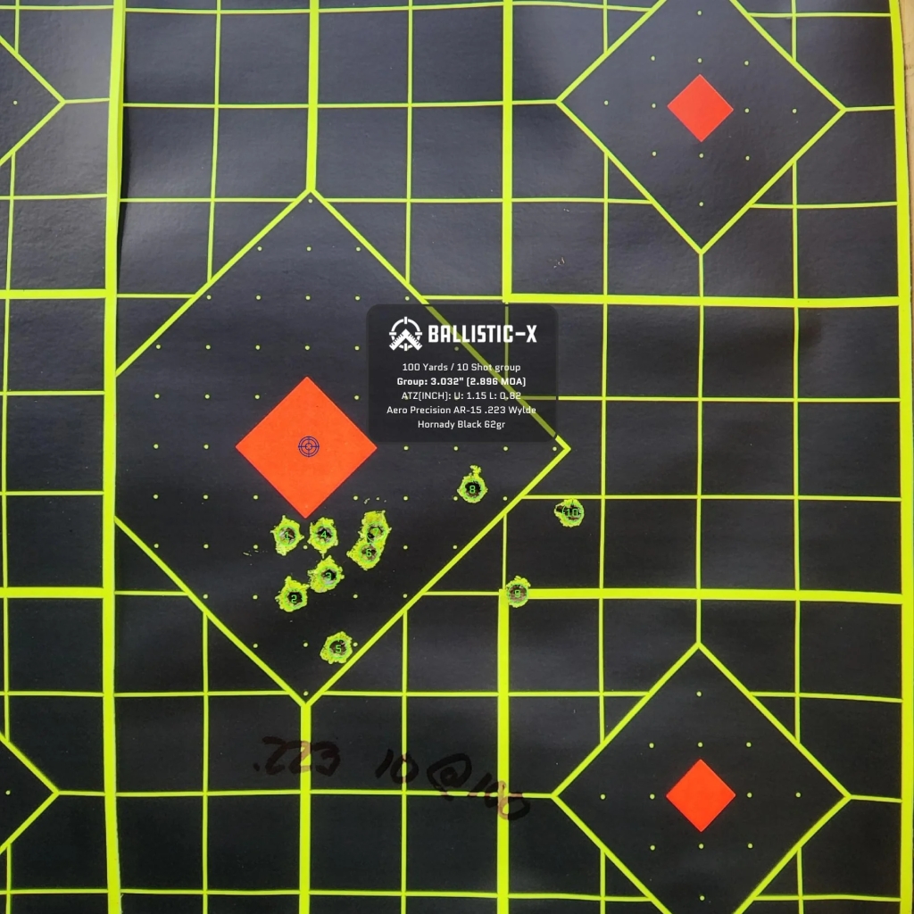 Ten shot group on a target from 100 yards away.